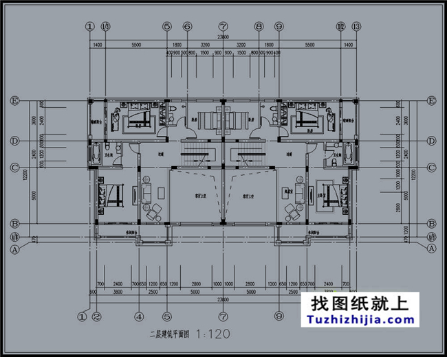 290平方米福建新农村三层双拼建筑设计图纸带外观图,23.8米x12.2米