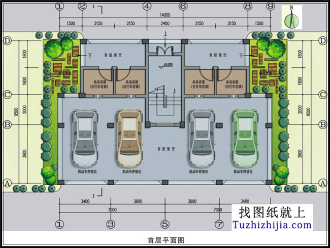 120平方米新农村自建五层双拼别墅CAD设计图纸,14X10米