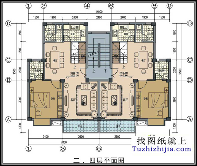 120平方米新农村自建五层双拼别墅CAD设计图纸,14X10米