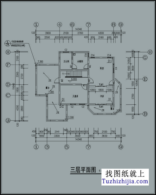 140平方米新农村三层别墅自建施工设计图，14x14米