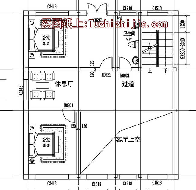 二层半大客厅复式别墅房屋设计图，客厅宽阔明亮