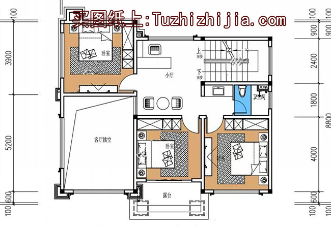 100平复式三层别墅房屋设计图，客厅挑高，采光好，卧室多