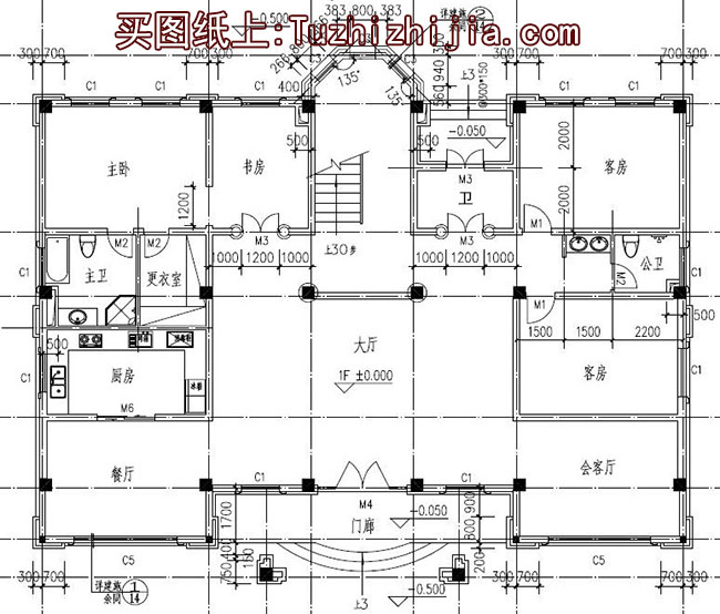 300平四层别墅房屋设计图，含外观效果图，大面积、多卧室