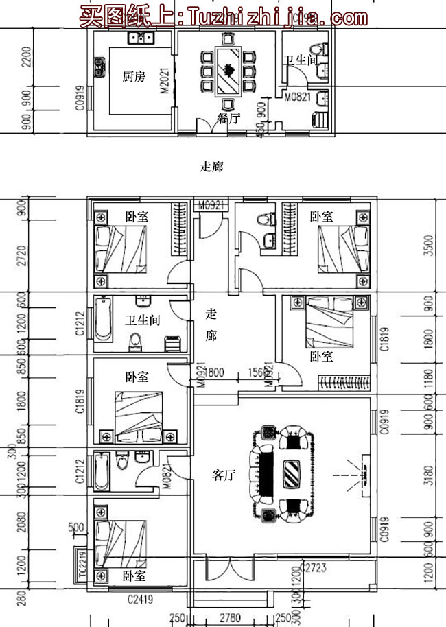 196平方米乡村一层别墅CAD设计图纸带效果图，11X21米