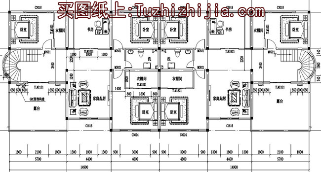 复式三层双拼别墅设计图，客厅中空，旋转楼梯