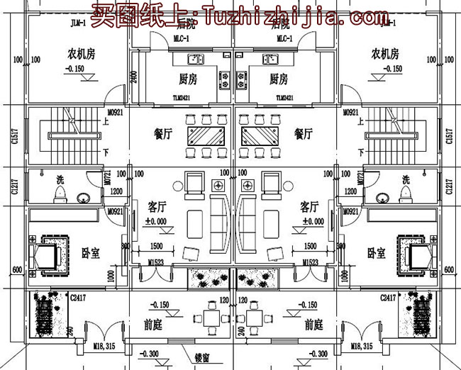 徽派新农村三层双拼别墅效果图及施工图，18x12米