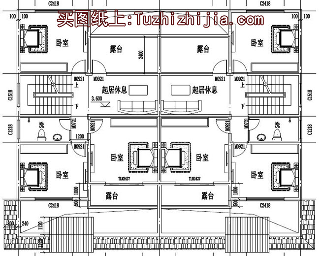 徽派新农村三层双拼别墅效果图及施工图，18x12米