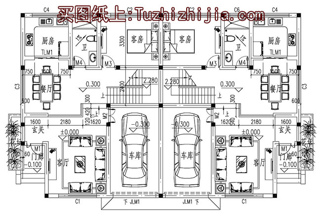 农村中式两层双拼别墅房屋设计图，含效果图片