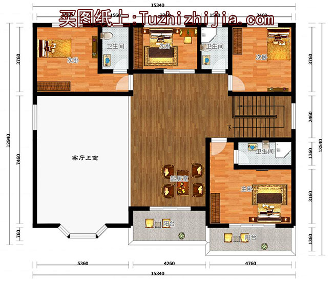 多卧室复式二层别墅房屋设计图，含外观效果图