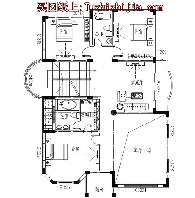 高端欧式四层别墅房屋施工图纸及效果图，圆弧大窗