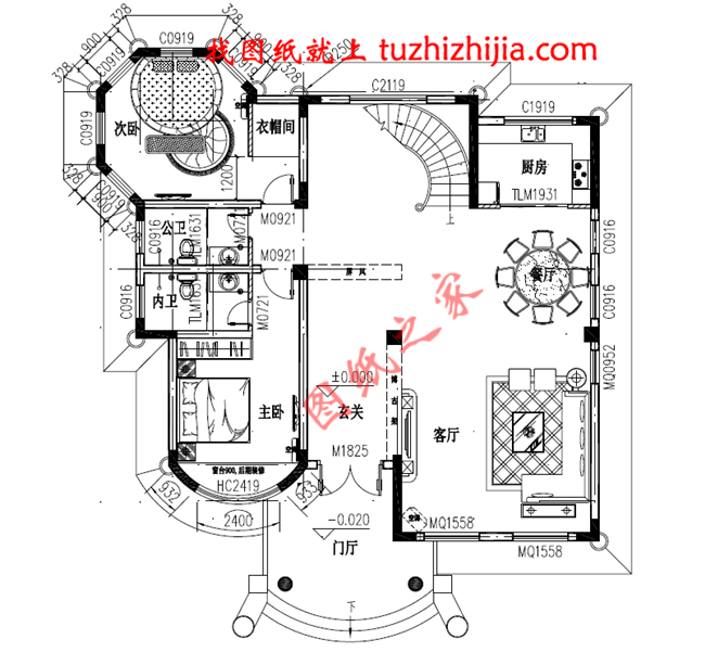 高端大气三层欧式别墅设计图纸，客厅中空，旋转楼梯增加室内的高级感