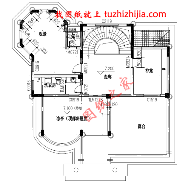 高端大气三层欧式别墅设计图纸，客厅中空，旋转楼梯增加室内的高级感