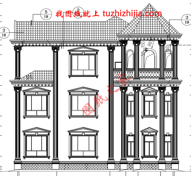 高端大气三层欧式别墅设计图纸，客厅中空，旋转楼梯增加室内的高级感