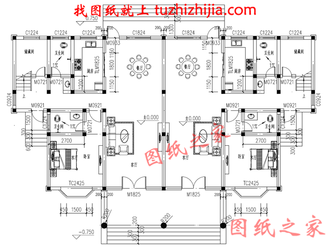 乡村兄弟二层双拼别墅设计图，单户120平米左右，户型合理