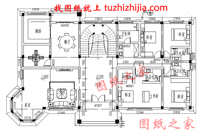 高端豪华二层别墅设计图纸，占地300平方米，楼梯设计的无比大气