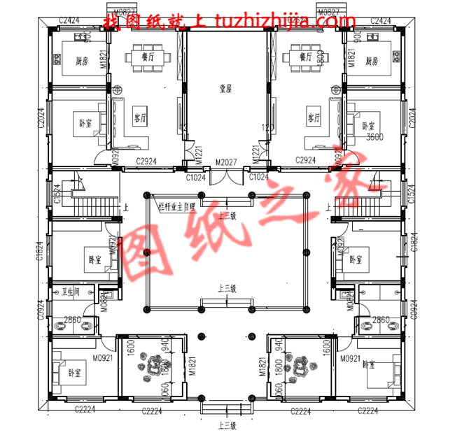 二层小型简单四合院设计图，户型方正，左右对称，传统文化的传承