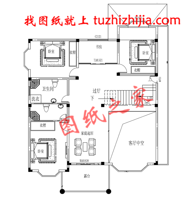 农村二层半小别墅设计图纸，客厅中空，图纸为一户的户型