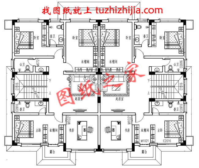 农村三层双拼别墅户型图及全套施工图纸，带书房，带衣帽间