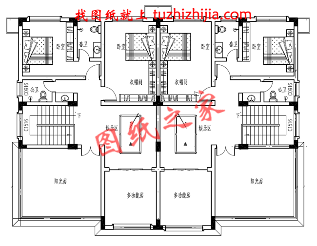 农村三层双拼别墅户型图及全套施工图纸，带书房，带衣帽间