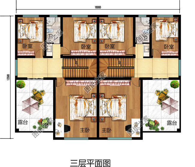 经典三层双拼房屋设计图，带效果图，户型好，单户面积120