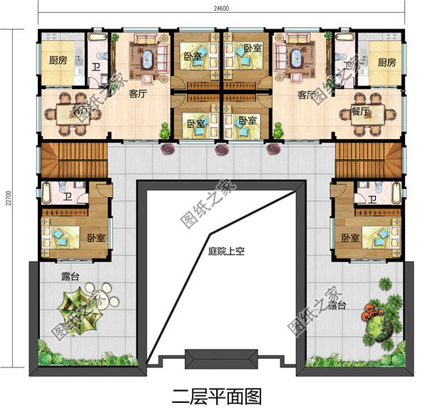 农村兄弟双拼四合院别墅设计图纸，自建两层新中式四合院