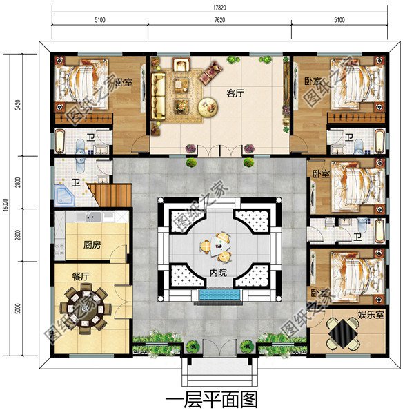 农村两层新中式仿古四合院别墅户型图，小型占地不到200平