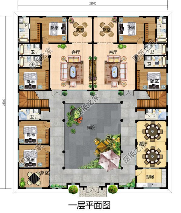 农村自建超漂亮中式四合院别墅设计图，22X25米