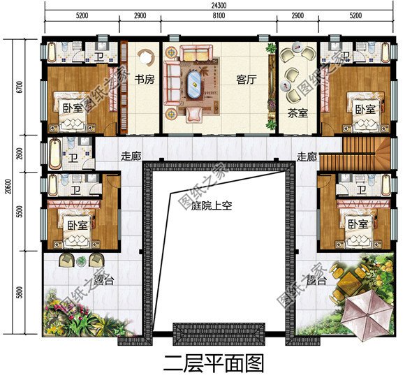 中式四合院风格别墅设计图，平屋顶，书房、茶室、健身房一应俱全