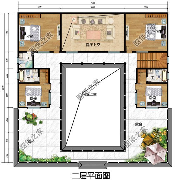 带庭院中式二层四合院别墅设计效果图片，方方正正