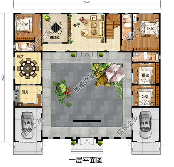 带双车库的新中式二层四合院别墅设计图，户型布局实用