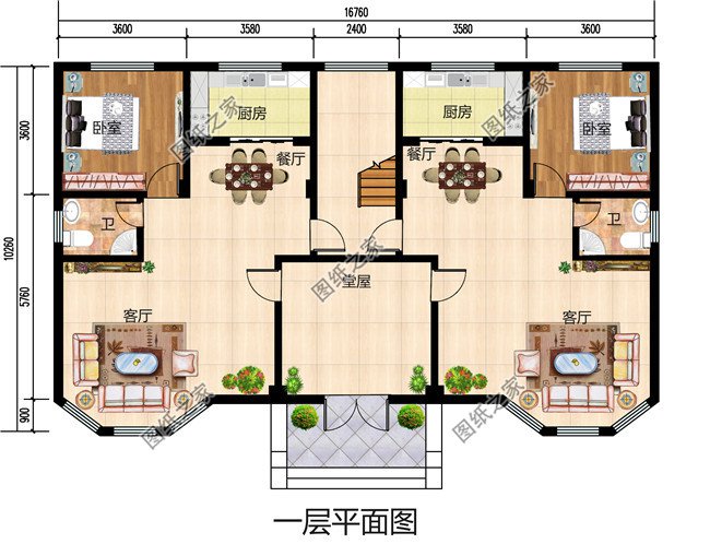 双户168平方米小户型新农村双拼楼房设计建筑图纸带外观图