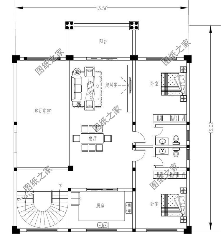 四层新农村复试别墅二层户型图