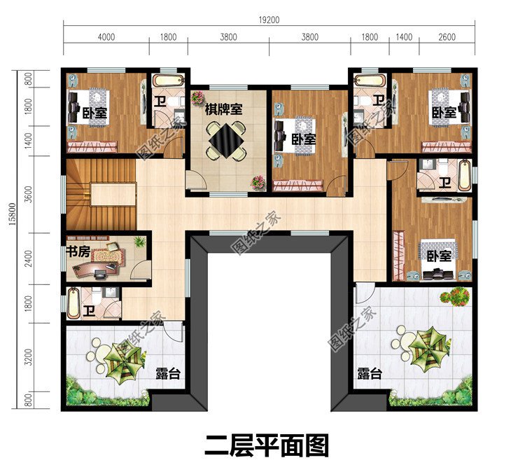 农村二层中式三合院别墅设计图，带庭院自建房户型图