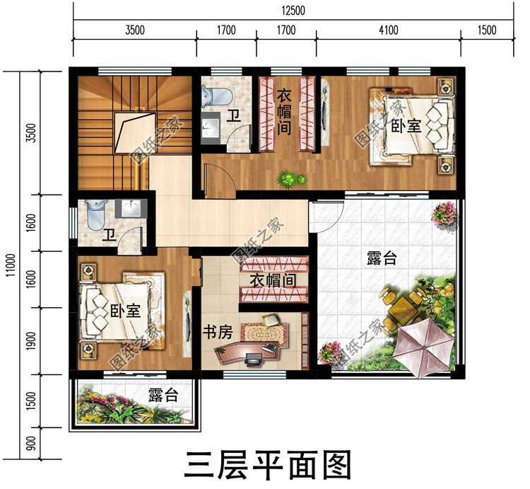 新中式带露台30万左右农村三层别墅，客厅中空