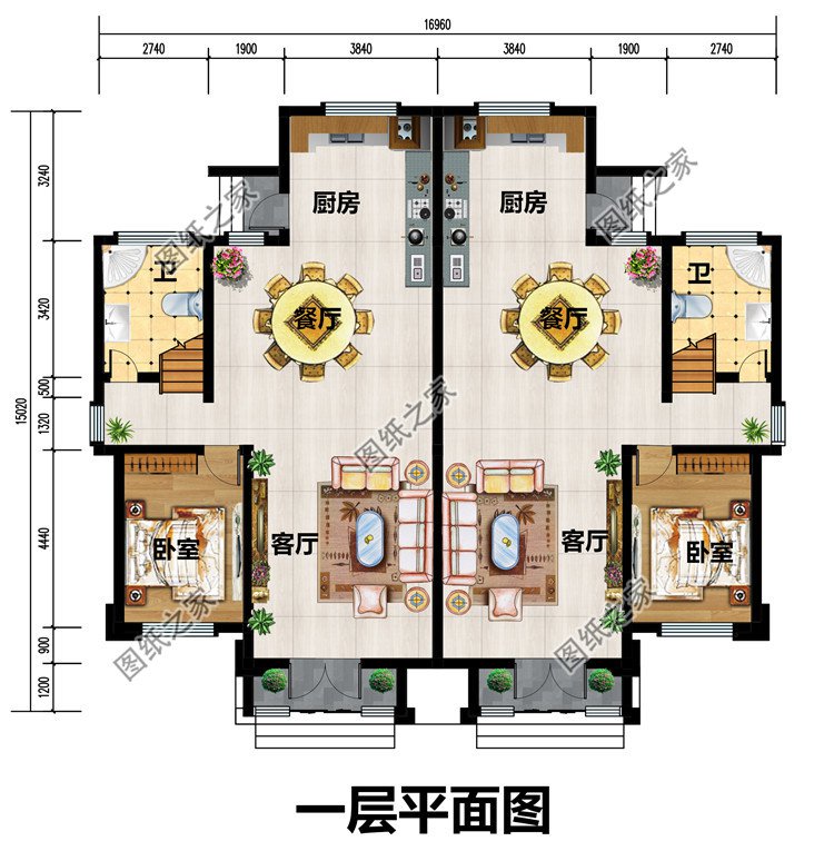 45万新中式二层双拼自建房别墅设计图，平屋顶设计