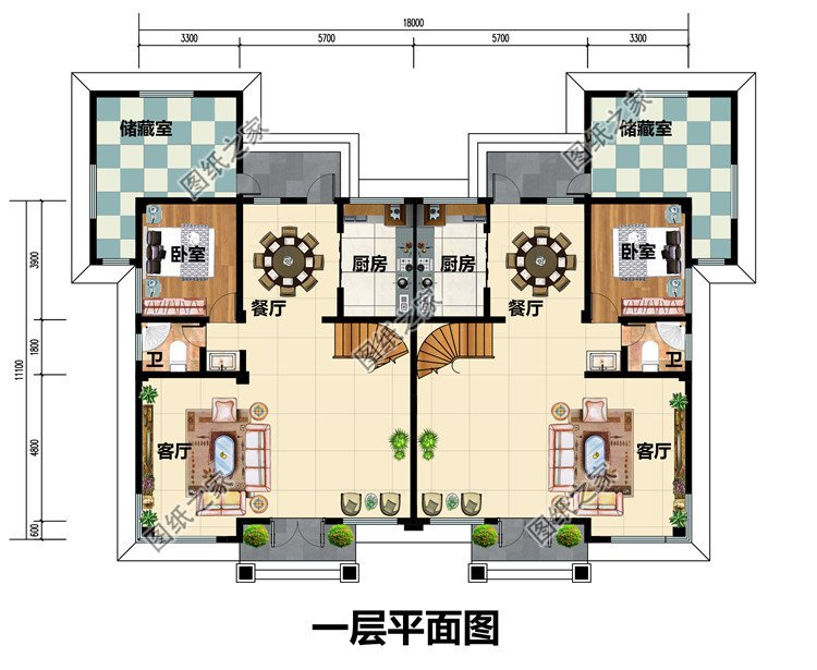 新款农村三层双拼联体别墅户型图，客厅中空，单户120平米左右