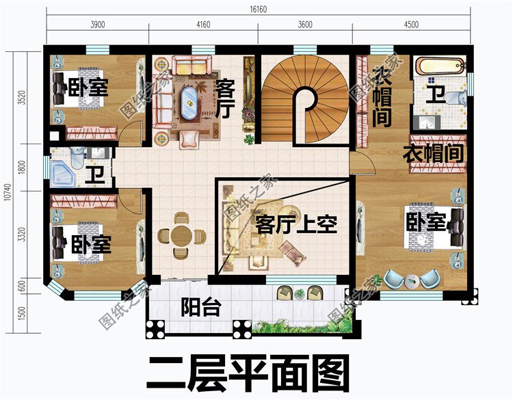 二层简欧别墅设计图挑空客厅+旋转楼梯