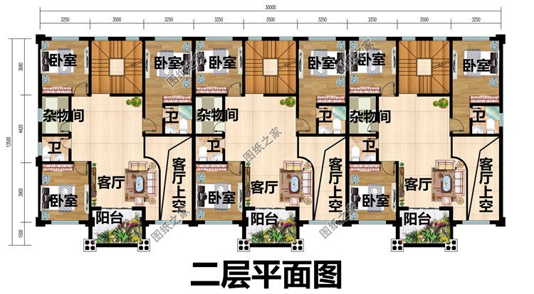 新款农村三拼三户别墅设计图及效果图三层户型