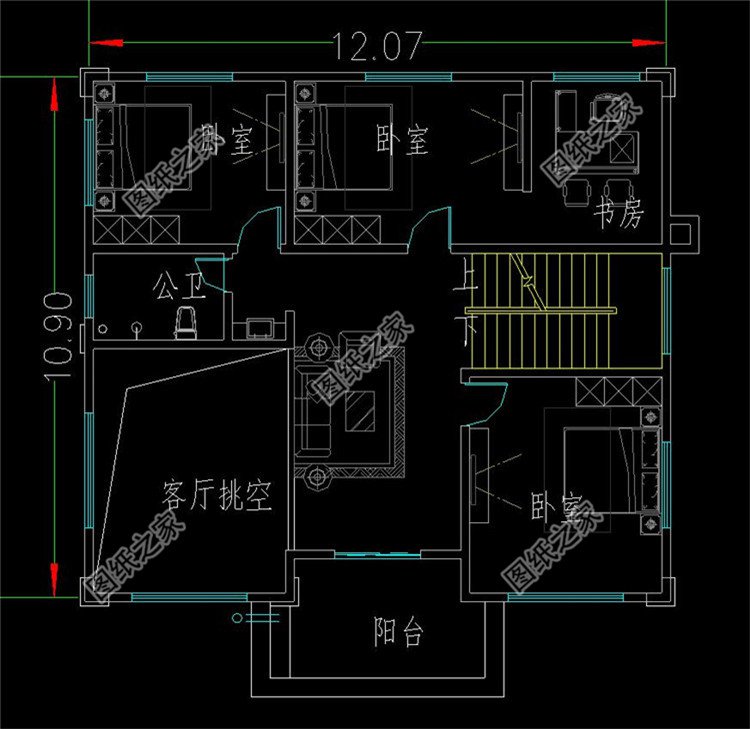 简单完美的三层别墅设计二层平面图