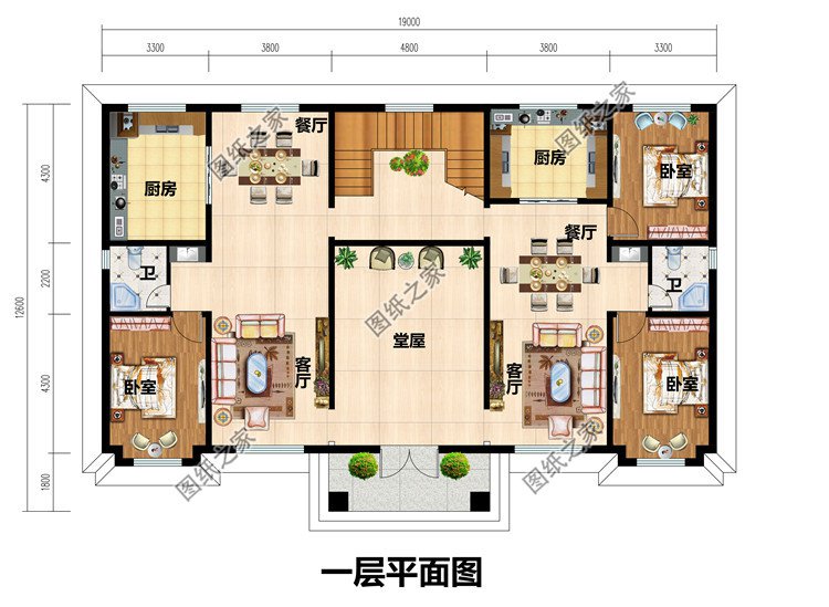 共用堂屋兄弟双拼别墅一层平面图