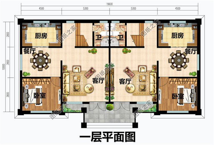 农村三层兄弟双拼别墅设计图一层平面图