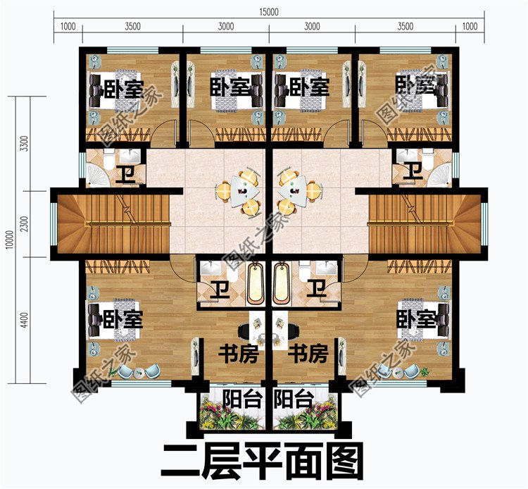 三层小面积双拼别墅设计图二层平面图