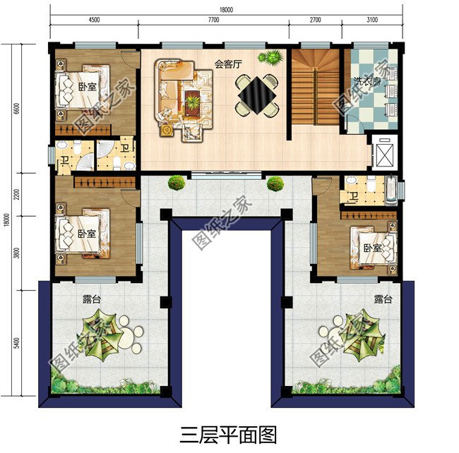 新农村中式三层四合院别墅设计三层平面图