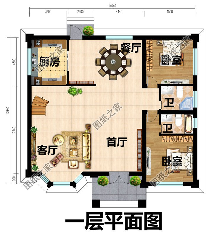 复式大客厅带旋转楼梯二层别墅设计图