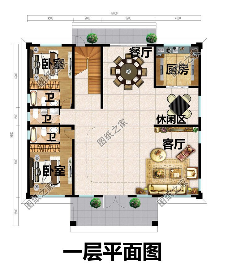 17X17.8米农村二层房屋设计图一层平面图