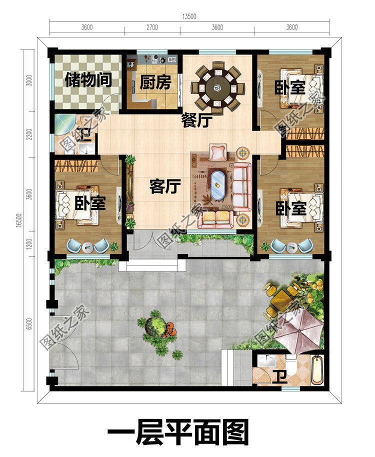 平屋顶四间一层农村自建房一层平面图