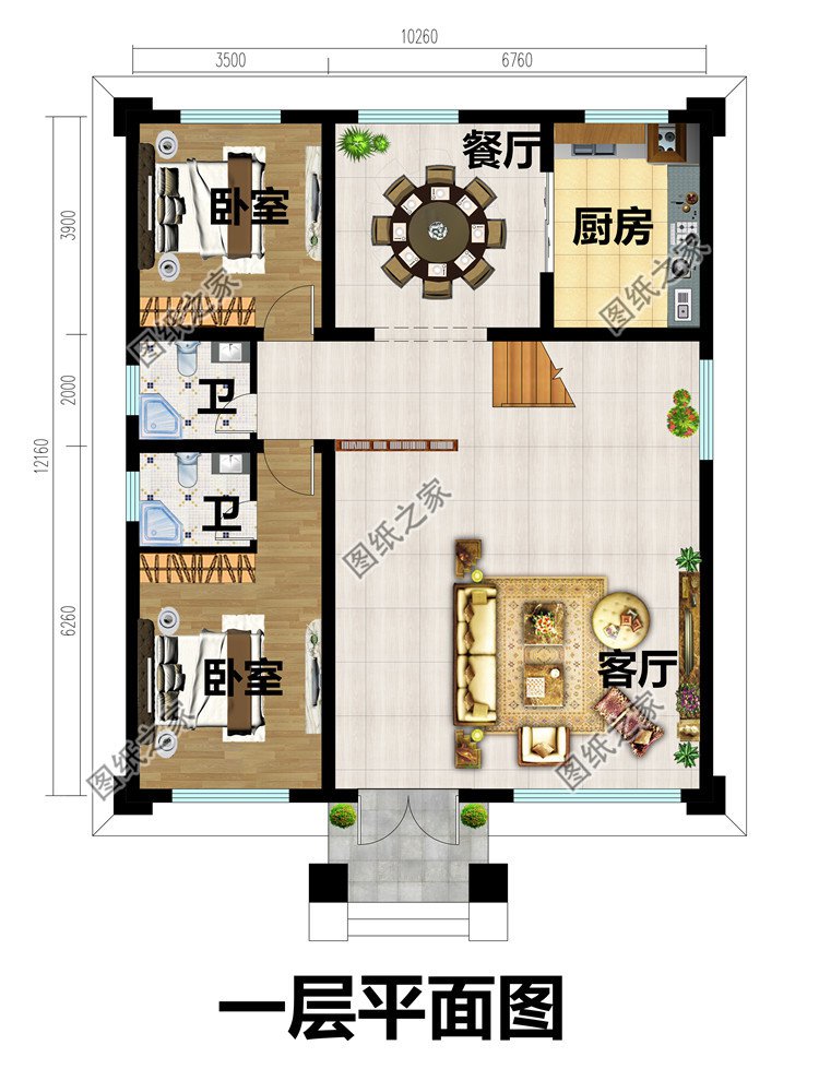 10X12米欧式二层农村别墅图一层平面图