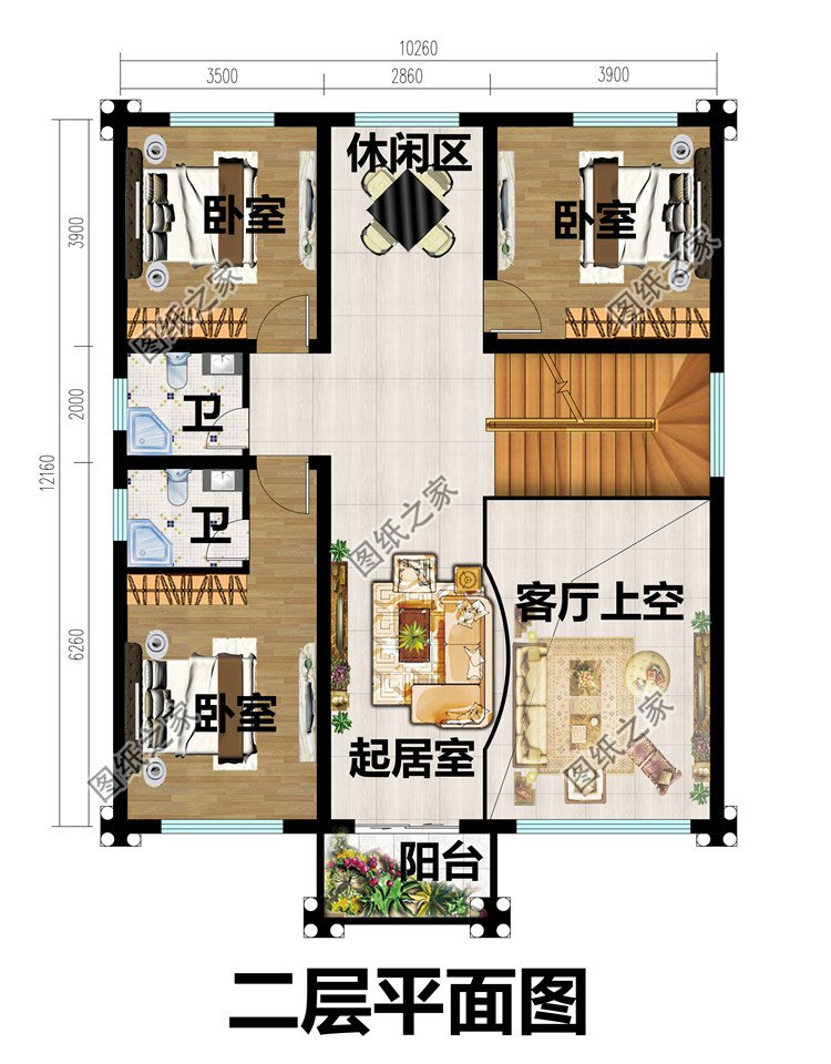 10X12米欧式二层农村别墅图二层平面图