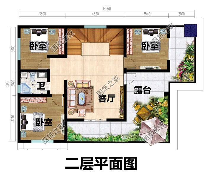 120平带车库二层农村别墅图二层平面图