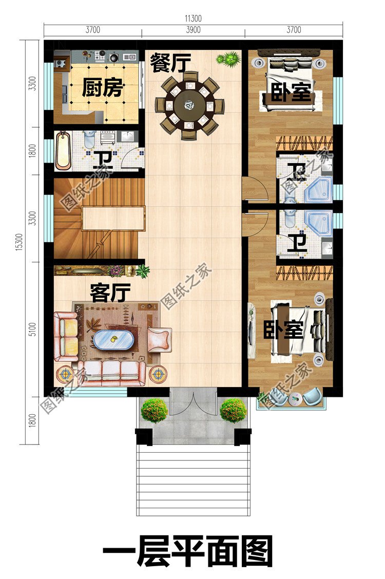 两层平屋顶带地下室别墅一层平面图